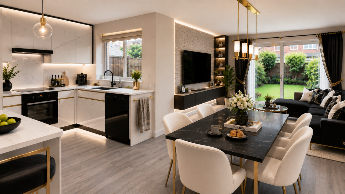 Coventry open-plan living kitchen after, black white and gold