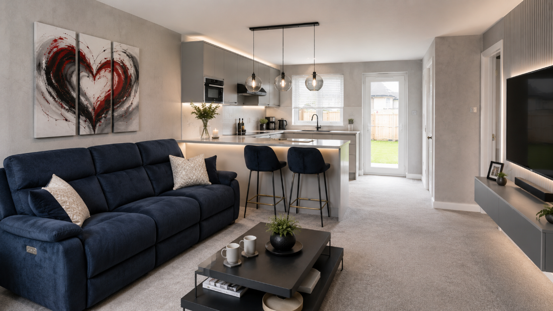 Wootton HMO living room after, navy and grey